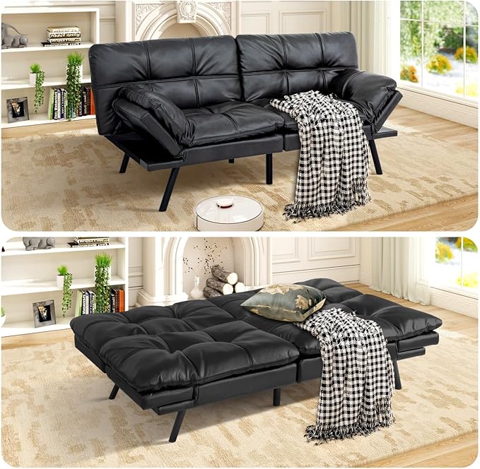 MUUEGM Futon Sofa Bed Memory Foam Matte Black Futons Modern Office Couch Sleeper Bed Convertible Love seat Sofa for Small SpacesApartmentOffice with Adjustable Armrest Backrest