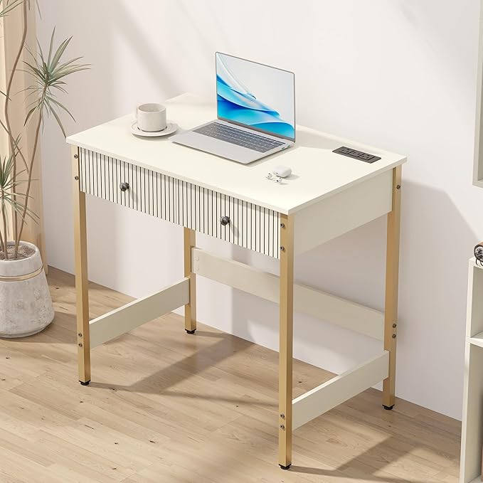 Manora 31.5” Computer Desk with Power Outlets and USB Ports Modern Writing Desk with Fluted Drawer Front Small Study Table with Storage Drawers for Home Office Bedroom Vanity Use White and Gold