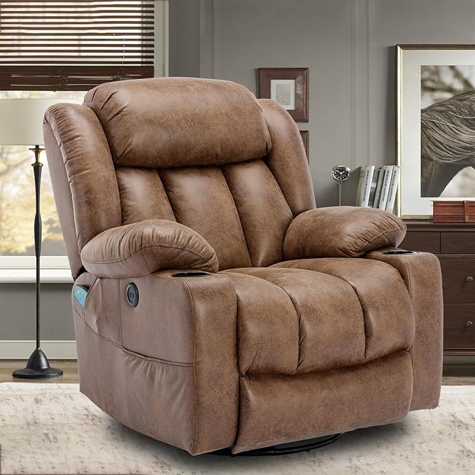 360° Swivel Glider Rocking Recliner Chair Overstuffed Manual Massage Recliner with Heat and Vibration Single Modern Sofa Home Theater Seating for Living Room USB Ports/Cup Holders (Brown)