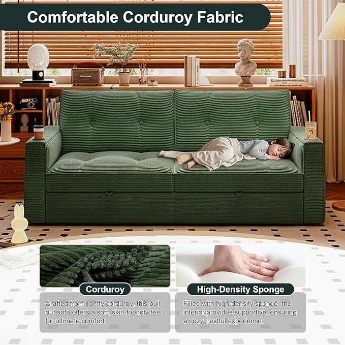 Sleeper Sofa Bed Queen Size Sofa Bed Convertible Pull Out Couch with Adjustable Backrest USB Port and Side Pockets Modern 2 Seater Small Couches for Living Room Space-Saving