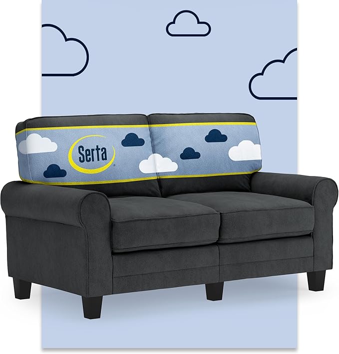 Serta Copenhagen 61 Rolled Arm Sofa Easy Care Polyester Soft Pillow Back Pocket Coil Seat Cushions Removable Covers Loveseat or Couch for Small Spaces Living Rooms or Bedrooms Charcoal