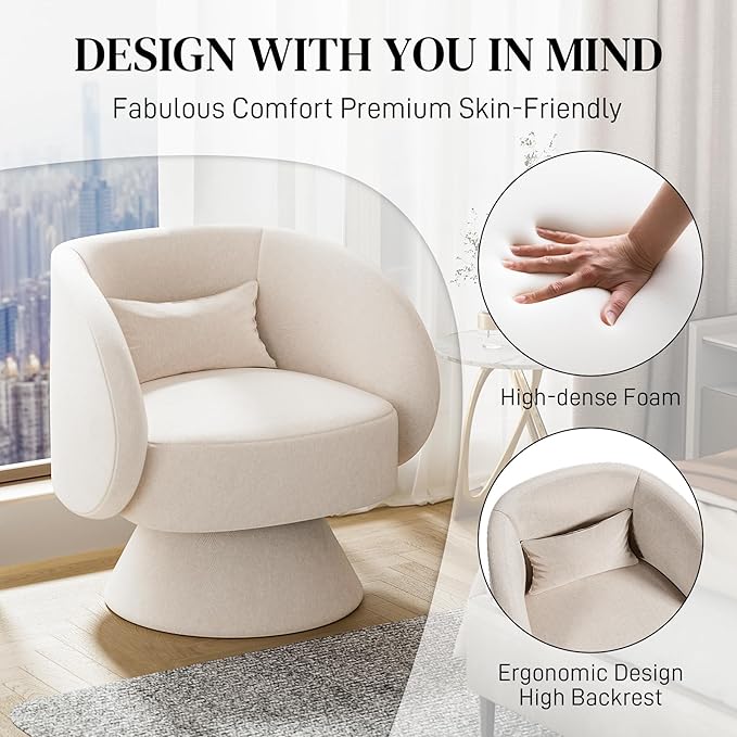 Swivel Barrel Chair Set of 2 Upholstered Swivel Accent Chairs for Living Room Comfy 360 Degree Modern Small Round Armchair for Bedroom Office (Beige White Linen)