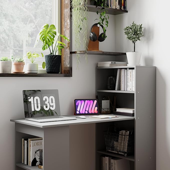 HOMCOM Modern Home Office Desk with 6-Tier Storage Shelves 47 Writing Desk with Bookshelf Gray