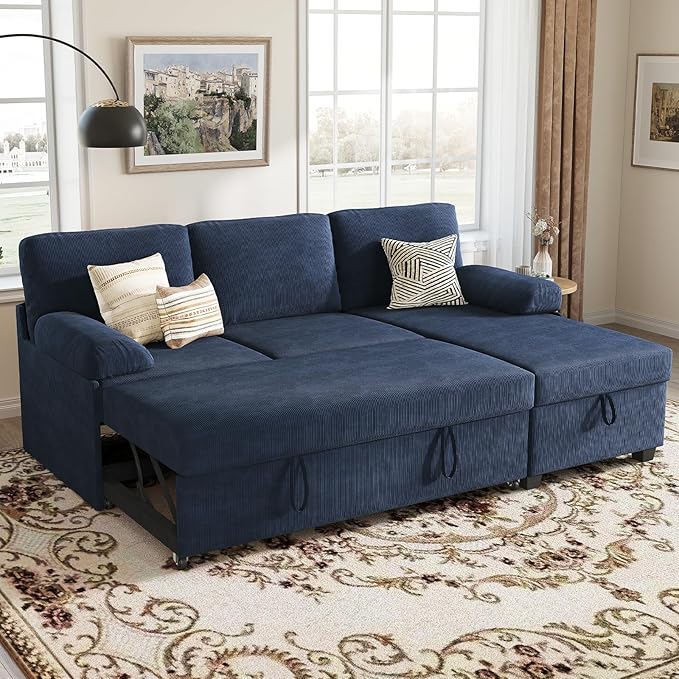 80 inch Convertible Sectional Sofa L-Shaped Sofa Sleeper with Reversible ChaiseCouch Bed with StorageRemovable ArmrestModern Pull Out Bed for Living Room BedroomCorduroy Blue