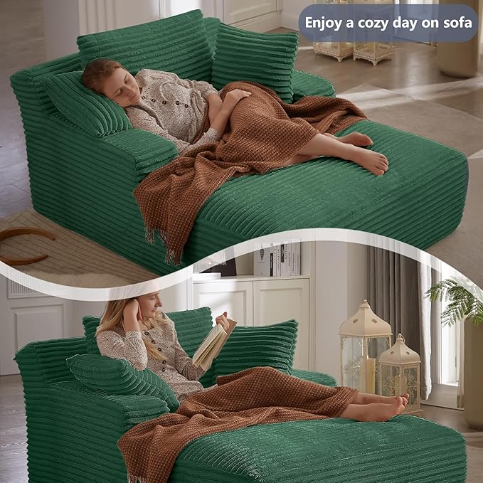49.2 Oversized Chaise Lounge Chair Deep Seat Upholstered Cozy Cloud Couch Modern Corduroy Floor Sleeper Sofa Bed Reading Chair for Living Room Bedroom Apartment Office Indoor Green