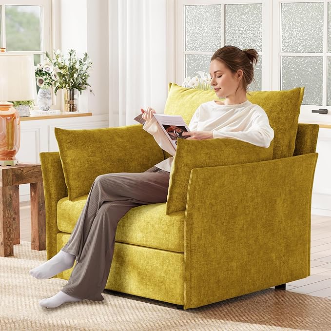 ABCASA Oversized Accent Chair Set of 2 Upholstered Modern Living Room Chair 24.5 Deep Seat Reading Chair Yellow Mid-Century Pet-Friendly Removable Backrest Cover Comfy Chenille Bedroom Armchair