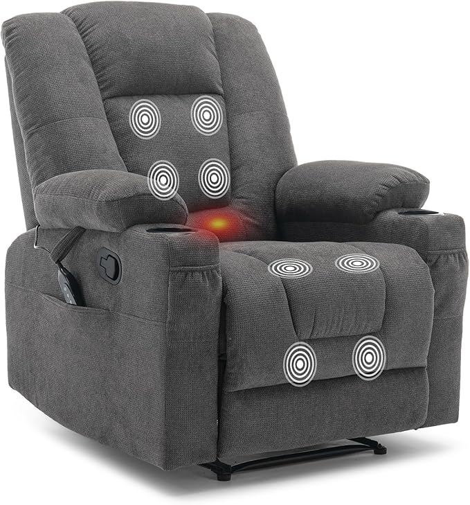 Recliner Chair with Massage and HeatChenille Recliner Sofa Chairs for AdultsWall Hugger Recliners for Living Room Reclining Armchairs with Cupholders Dark Gray