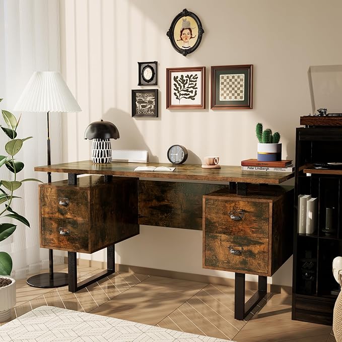 Large Office Desk Computer Table with 4 Drawers for Home Office 59 Study Writing Desk Workstation with Storage and Metal U Legs for Living Room Office Rustic Brown CTSZ20401RC