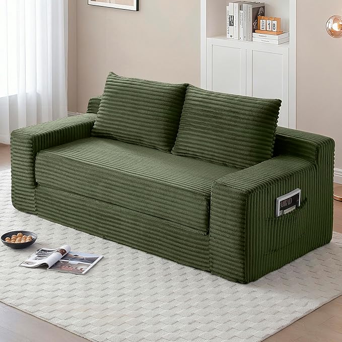 73 Cloud Loveseat Sofa Bed Green - Boneless 2-Seater Couch No Assembly Convertible Folding 2-in-1 Design Small Space Corduroy Memory Foam Floor Lounge Couch for Bedroom Living Room (Green)