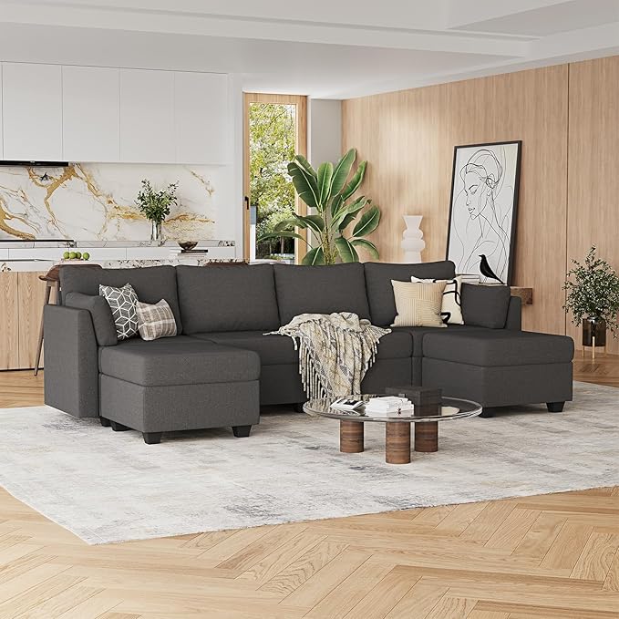 114.17 Modular Sectional Sofa 6 Seat Modular Couch with Storage Memory Foam Convertible Sectional Couches for Living Room U Shaped Comfy Modular Sofa with Chaise Dark Grey