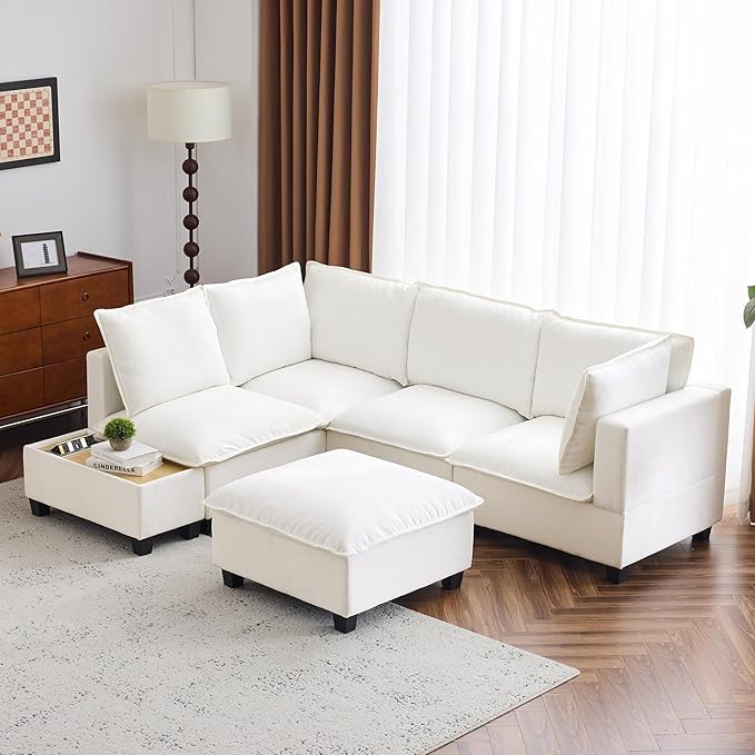 Merax Modern 90 U-Shaped Chenille Sectional Sofa Set Modular Sofa Couch with a Movable Ottoman a Coffee Table with Hidden Charging Devices for Living Room White