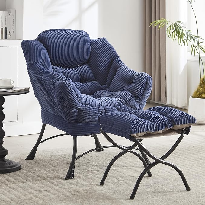 HOMEFUN Lazy Chair with Ottoman Bedroom Chairs for Adults Modern Lounge Accent Chair with Armrests Ergonomic Footrest for Small Spaces Comfy Reading Chair for Living Room Bedroom Office Navy