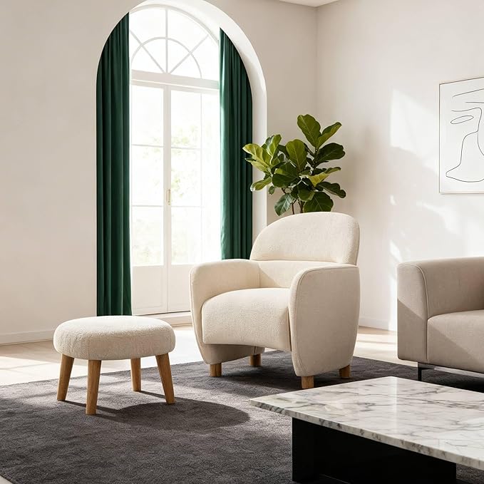 Modern Barrel Chair with Ottoman Upholstered Armchair with Wooden Legs Backrest Single Sofa Soft Cushion Seating Comfy Lounge Chair for Living RoomBedroomReading Corner (White)