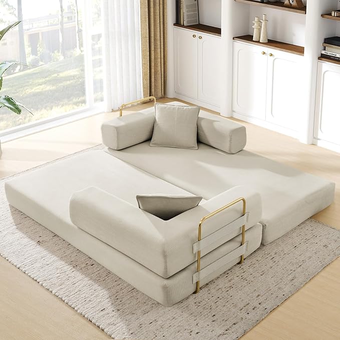 Convertible Folding Sofa Bed Corduroy Sleeper Mattress Couch with Fixed-Shape Frame Free Combination Loveseat Lounge Floor Sofa Queen Size Memory Foam Couch for Living Room Bedroom Beige