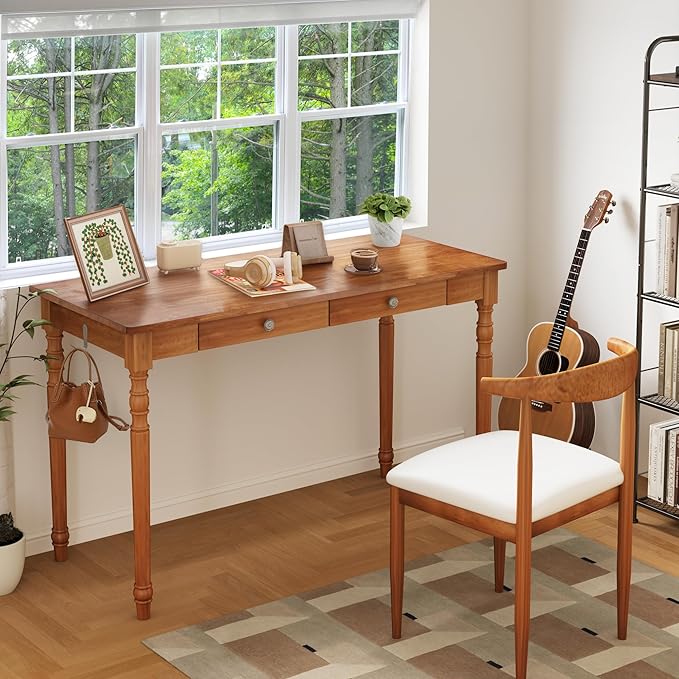 47 x 22 Inch Wooden Desk with Drawers -Simple Mid Century Modern Desk with 2 Hooks Solid Rubber Wood Study Table for Living Room Bedroom &amp Home Office Walnut Color