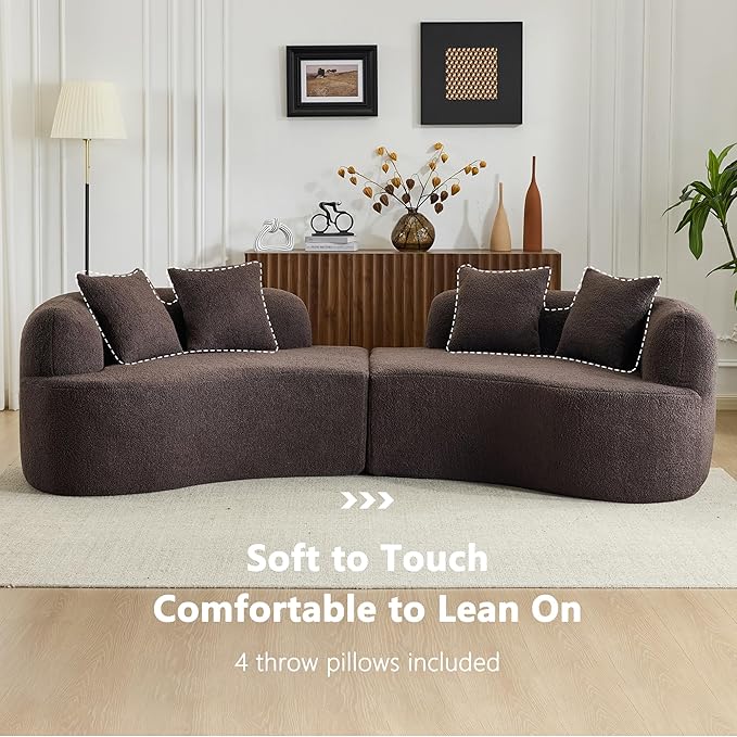 DEINPPA Curved Modular Sofa Couch with Pillows 4-Seater Teddy Cloud Couches for Living Room Apartment Office No Assembly Required-Brown