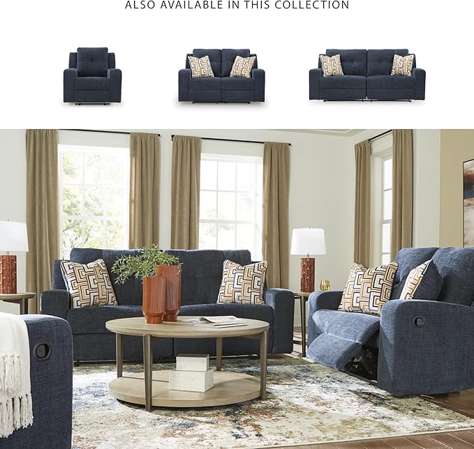 Signature Design by Ashley Danum Modern Manual Pull Tab Reclining Sofa with Tufed Back Cushion Blue