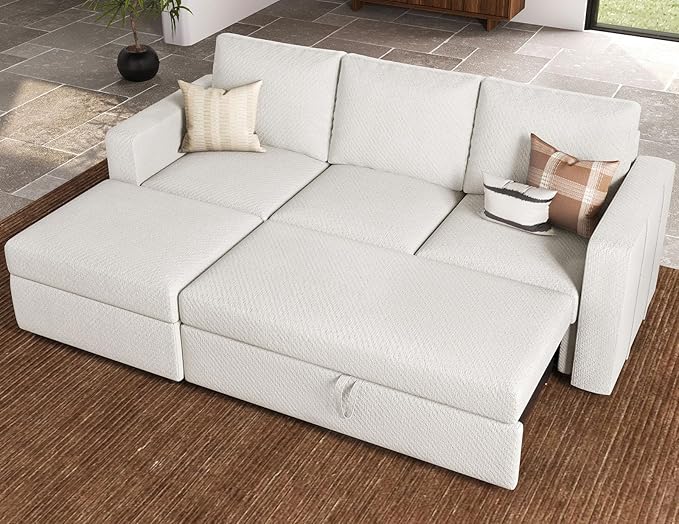 Belffin Modular Sectional Sleeper Sofa with Pull Out Bed and Storage Ottoman Convertible L Shape Sleeper Sectional Couch for Living Room Beige