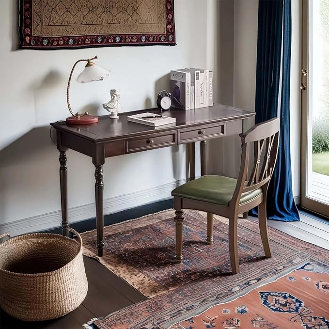 Solid Wood Computer Writing Desk with Drawers 47” Home Office Desks with Round Table Legs for Home Den Room or Workspace (Walnut)
