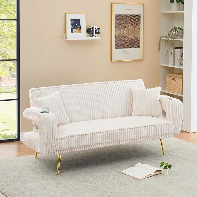 74 Modern Corduroy Sofa Bed FutonConvertible Sleeper Bed Couch with Dual Cup Holder4 Reclining PositionsFolding Cloud Sofa Loveseat for Small Living Room Apartment Office (Beige)