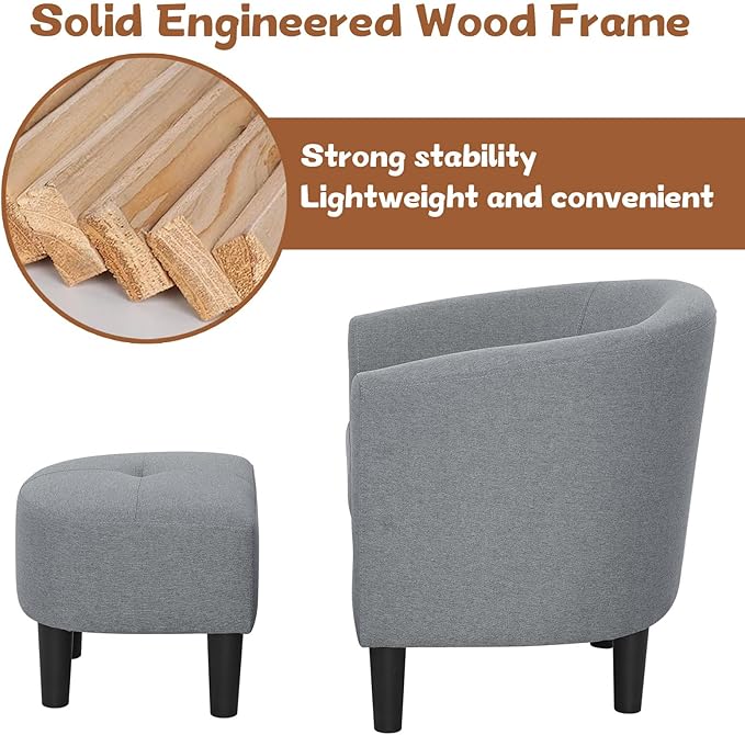 Anwick Accent Chair Barrel Chair with Ottoman Footstool Modern Upholstered Soft Comfy Club Accent Armchair Set for Living Room/Bedroom/Reading Room/Guestroom/Corner (Gray)