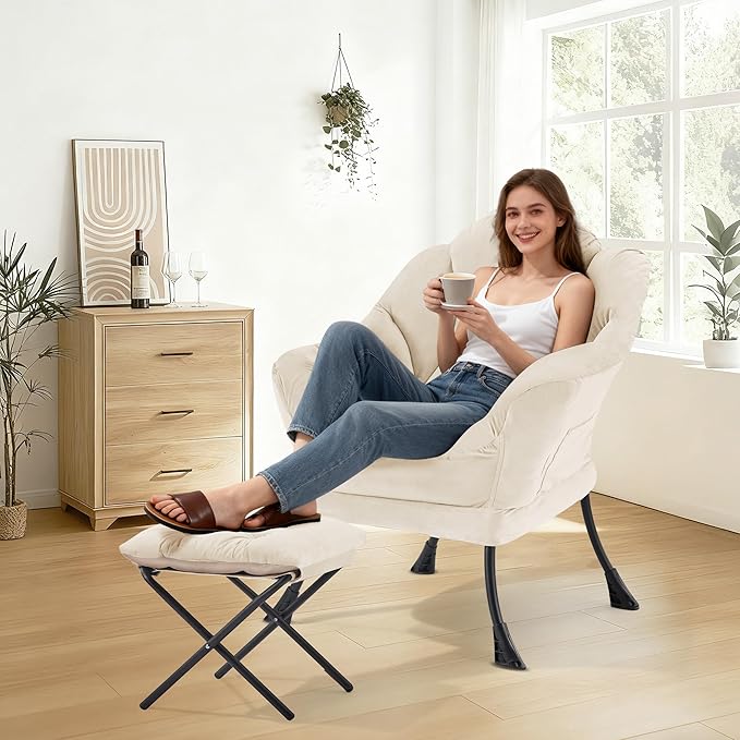 Lazy Chair with OttomanOversized Accent Chair with Thick Cushion Side PocketModern Lounge Arm Reading Chair and Folding Footrest for Living RoomBedroomOfficeDormApartment Beige