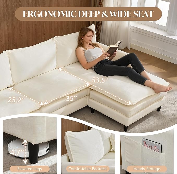 SAMERY 111 U Shaped Couch Cloud Sofa Modular Sectional Couch with 2 Large Ottomans Beige 3 Seater Chenille Oversized Deep Seat Sectional Sofa with Pillows for Living Room Bedroom Apartment
