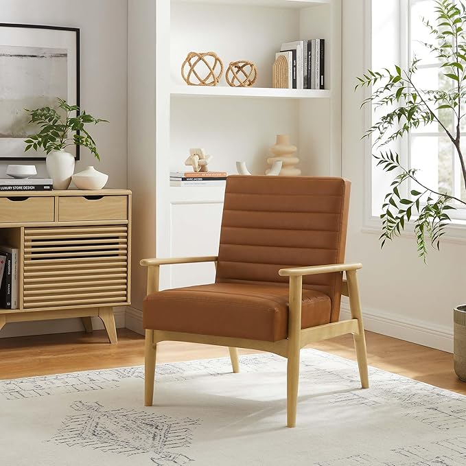 Modway Jensen Vegan Leather Accent Chair in Natural Tan - Mid-Century Modern Armchair with Solid Wood Legs &amp Armrest - Upholstered Faux Leather Single Side Chair - Reading Chair for Living Room