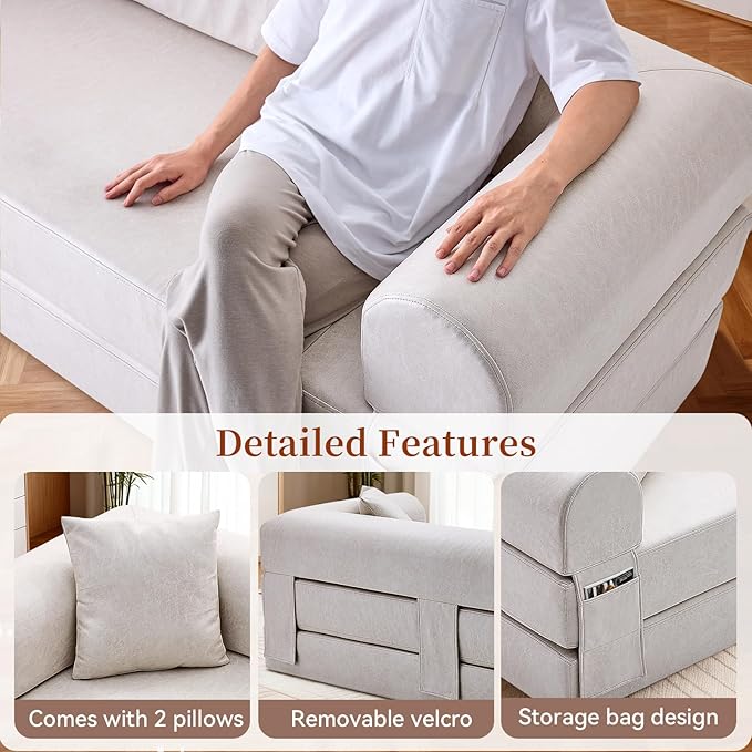 4-in-1 Folding Convertible Sofa Bed 78 Inch Faux Leather Boneless Couch Loveseat Sleeper with Pull Out Bed Floor Sofa Modular Futon Teddy Sofa for Living Room Bedroom Lounge Beige