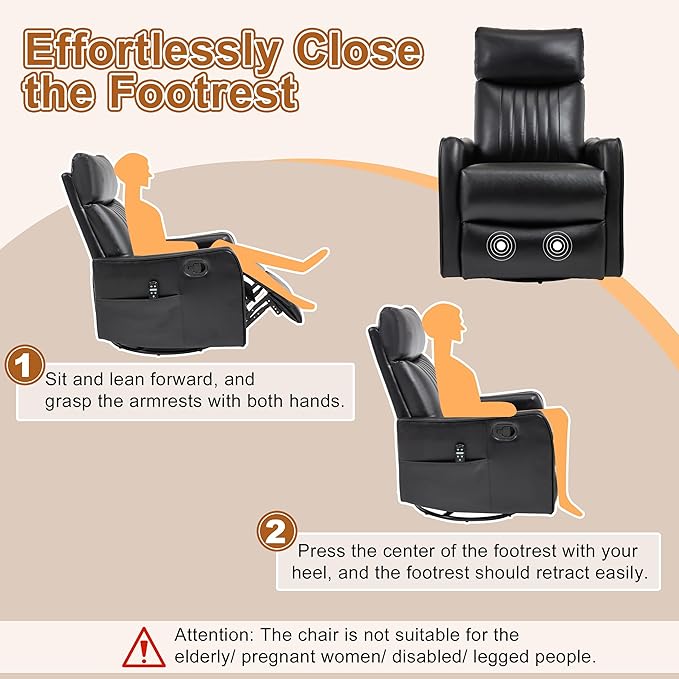 Manual Swivel Rocker Recliner Chair for Adults Overstuffed Recliner Glider with Massage and Heat Living Room Reclining Chair PU Leather Black