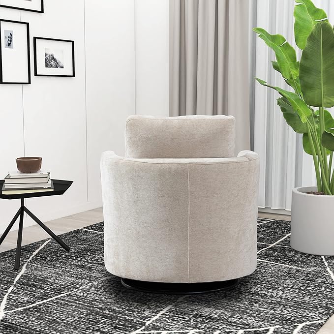 31.9W Beige Chenille Swivel Accent Barrel Chair Comfy Round Accent Sofa Chair 360 Rotation Degree Club Chair Leisure Arm Chair for Nursery Bedroom Living Room Lounge Hotel Office (Beige)