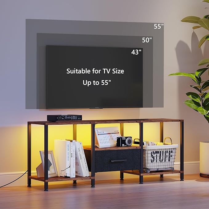 TV Stand with LED Lights Entertainment Center with Open Shelves and Fabric Drawer Media Console for 55 Inch TV Television Stands Living Room Furniture Bedroom Rustic Brown
