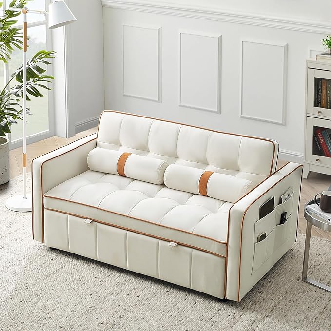 3-in-1 Convertible Sleeper Sofa Bed55.5 Modern Velvet Tufted Pull Out Couch BedFuton Small Love Seat Sofa with Adjustable Backrest&ampCylinder Pillows for Living RoomBedroomApartment(Beige)