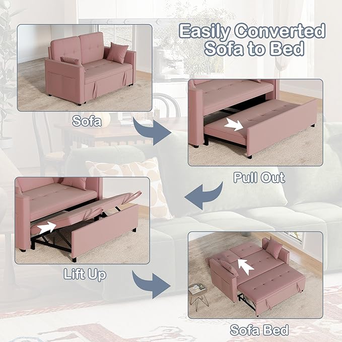 Pull Out Sofa Bed: 71 Pink Convertible Loveseat Sleeper Sofa Bed for Small Space Modern 3 in 1 Couch with Storage Couch Beds for Living Room (Pink)