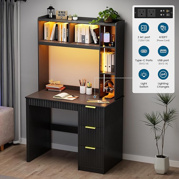 Home Office Desk with Hutch &amp LED Lights - 39 Computer Desk with Charging Station 3 Large Drawers Hidden Compartment &amp Fluted Panel DesignBlack Writing Desk for Bedroom Study