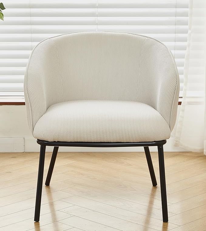 Modern Corduroy Accent Chair with Channel Back Design Black Metal Legs and Soft Upholstery Comfortable Seating for Living Room Bedroom or Office Beige