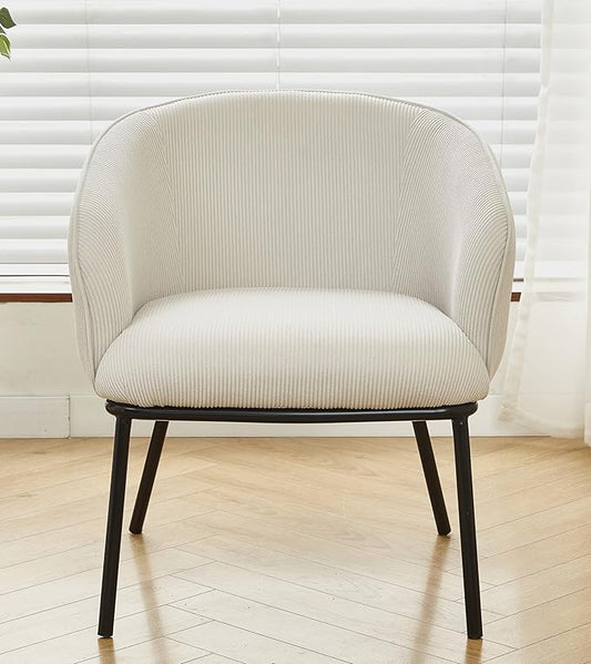 Modern Corduroy Accent Chair with Channel Back Design Black Metal Legs and Soft Upholstery Comfortable Seating for Living Room Bedroom or Office Beige