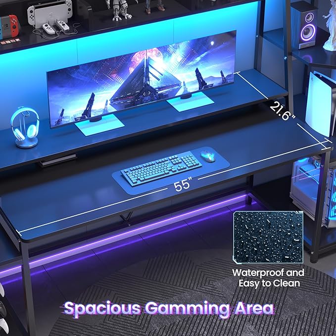 SEDETA Gaming Desk 78.8'' with LED Lights Hutch and Storage Shelves Computer Desk with Monitor Stand Large PC Gamer Desk Workstation Ergonomic Gaming Table for Bedroom Living Room Black