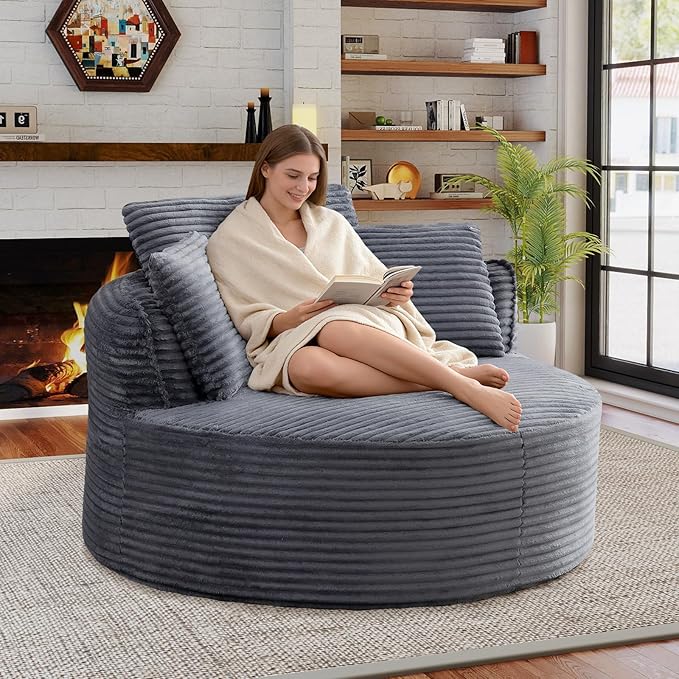 Antetek 53-inch Round Chaise Lounge Chair Indoor Modern Cloud Single Corduroy Couch with 3 Pillows Boneless Compressed Memory Foam Sofa Chair for Living Room Bedroom Apartment Grey