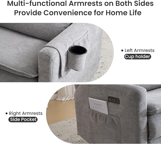 Power Recliner ChairOversized Swivel Rocker Recliner with Adjustable HeadrestNursery Rocking Chair with Lumbar Cushion for Living RoomGrey