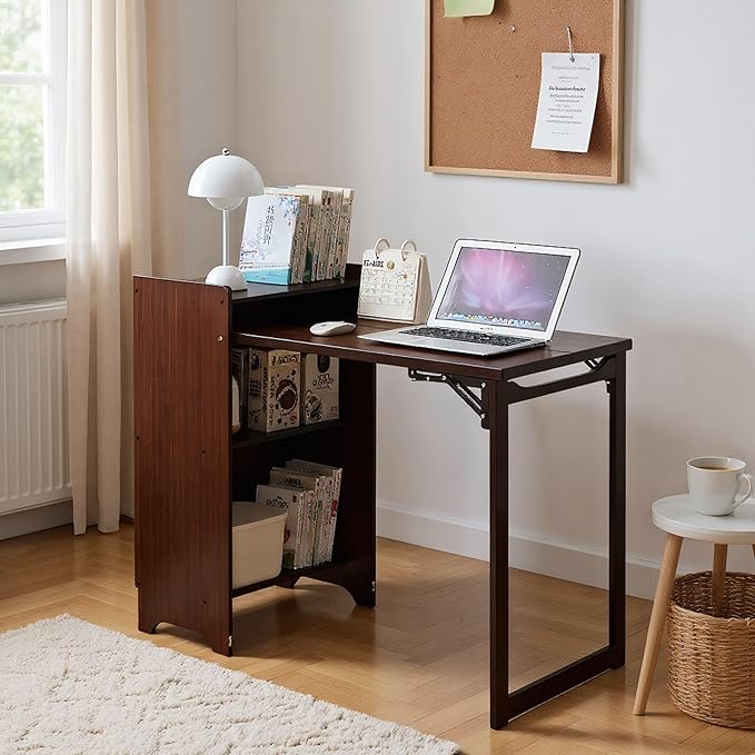 Bamboo Fold Out Desk with Storage Mid Century Hideaway Desk for Small Spaces Folding Computer Desk for Home Office Bedroom Apartment Space Saving