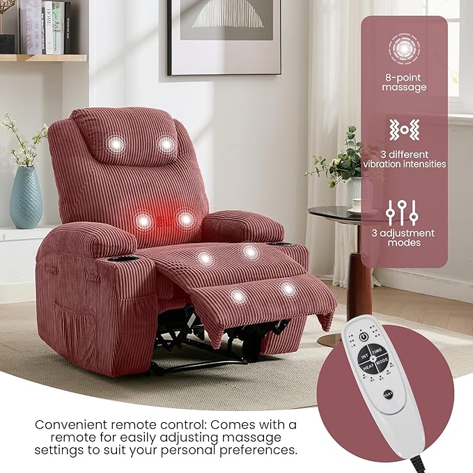 Electric Recliner Chair with Massage and Heat 135° Adjustable Corduroy Single Sofa for Living Room &amp Bedroom Cup Holders &amp Pockets (Pink)