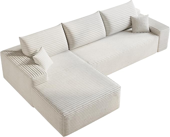 107 Cloud Sectional Couch with L-Shape Chaise Modern Modular Sofa with Deep Seat Corduroy Upholstered Couches for Living Room BedroomNo Assembly Required(White Left Facing)