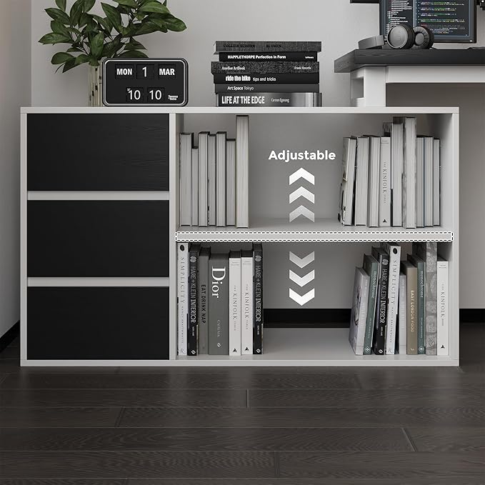 L Shape Small Desk - Computer Corner Desk with 3 Drawers and 2 Shelves 53 inch Home Office Table with Storage Cabinet for Gaming Writing Study White+Black