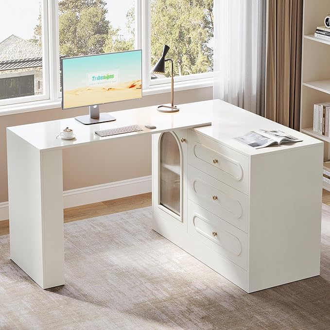 Tribesigns 78 L Shaped Desk with Storage Modern Corner Desk with 3 Drawers for Small Space Reversible L Shape Desk with Cabinet &amp Adjustable Shelves for Home Office Bedroom (White)
