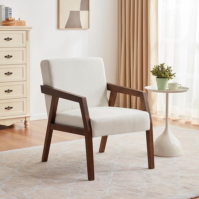 Solid Wooden Mid Century Modern Accent Chair Upholstered Arm Chair for Living Room Bedroom Linen Fabric Reading Chair Side Chair White CL902