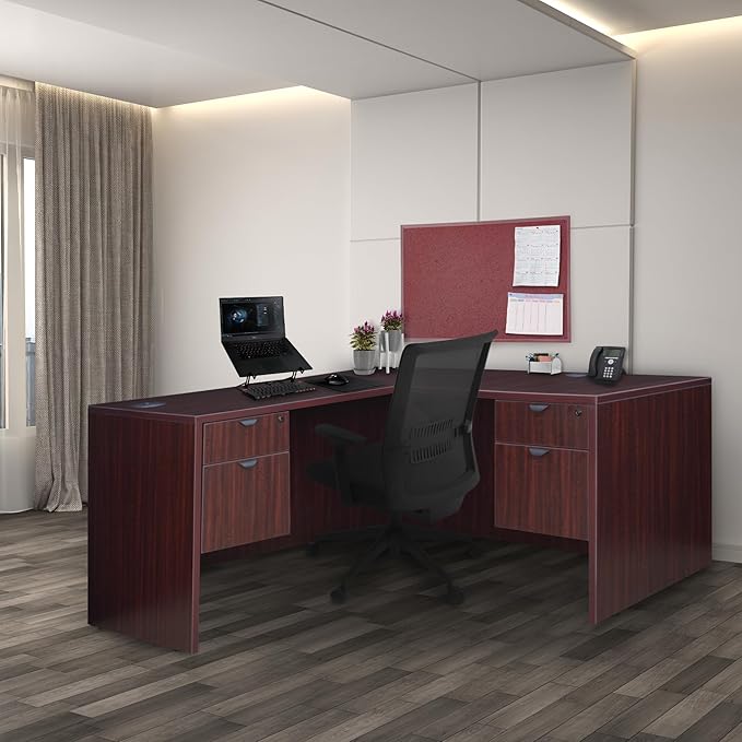 Regency Legacy 60 x 77 Inch L-Shaped Office Desk with Double Pedestal Drawer Unit Durable Mahogany Laminate Scratch-Resistant Surface and Spacious Design for Home and Professional Offices