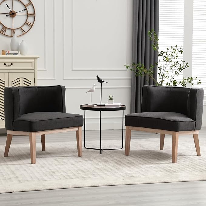 Wahson Farmhouse Style Comfy Living Room Chair Linen Upholstered Small Mid Century Round Accent Bedroom Chair for Small Spaces Charcoal
