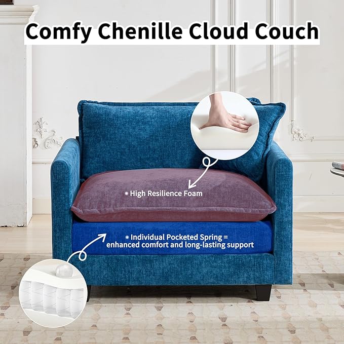 146.5 L Shaped Couch Modular Sectional Sofa Comfy Chenille Cloud Couch with Movable Ottoman and Pillow Modern 4-Seater Deep Seat Sofa for Living Room (BlueL Shaped Sofa)