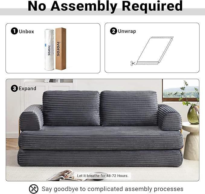 80 Convertible Sofa Bed Modern Corduroy Sleeper Sofa Folding Floor Couch with Golden Fixed-Shape Frame Grey Boneless Loveseat Sofas Bed for Living Room Bedroom No Assembly Needed
